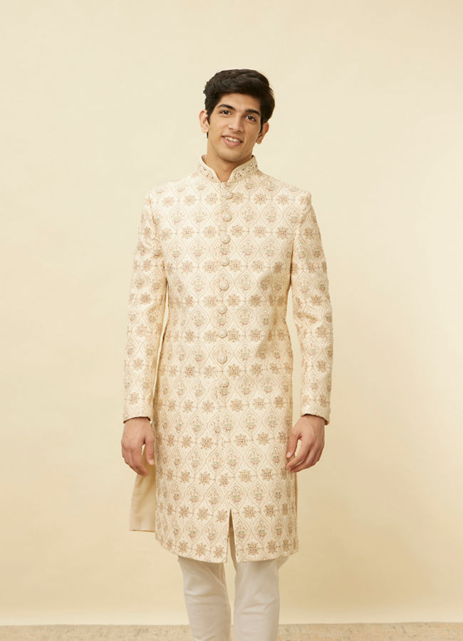 Manyavar Men Biscuit Beige Aari Embroidered Sherwani Set