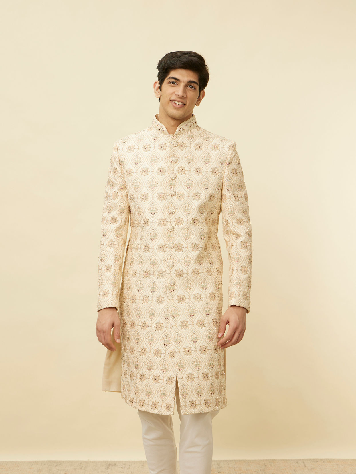 alt message - Manyavar Men Biscuit Beige Aari Embroidered Sherwani Set image number 0