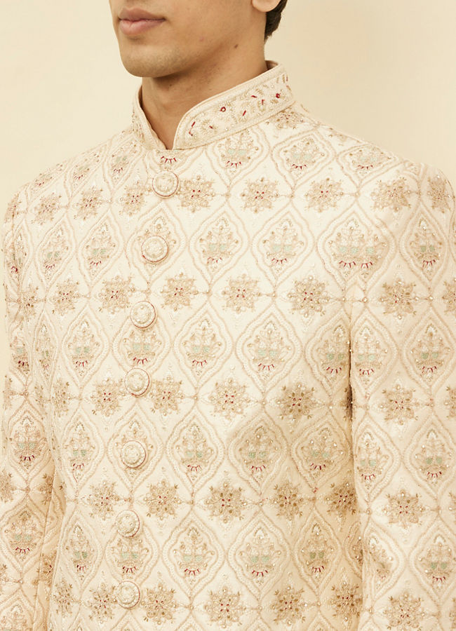 Manyavar Men Biscuit Beige Aari Embroidered Sherwani Set