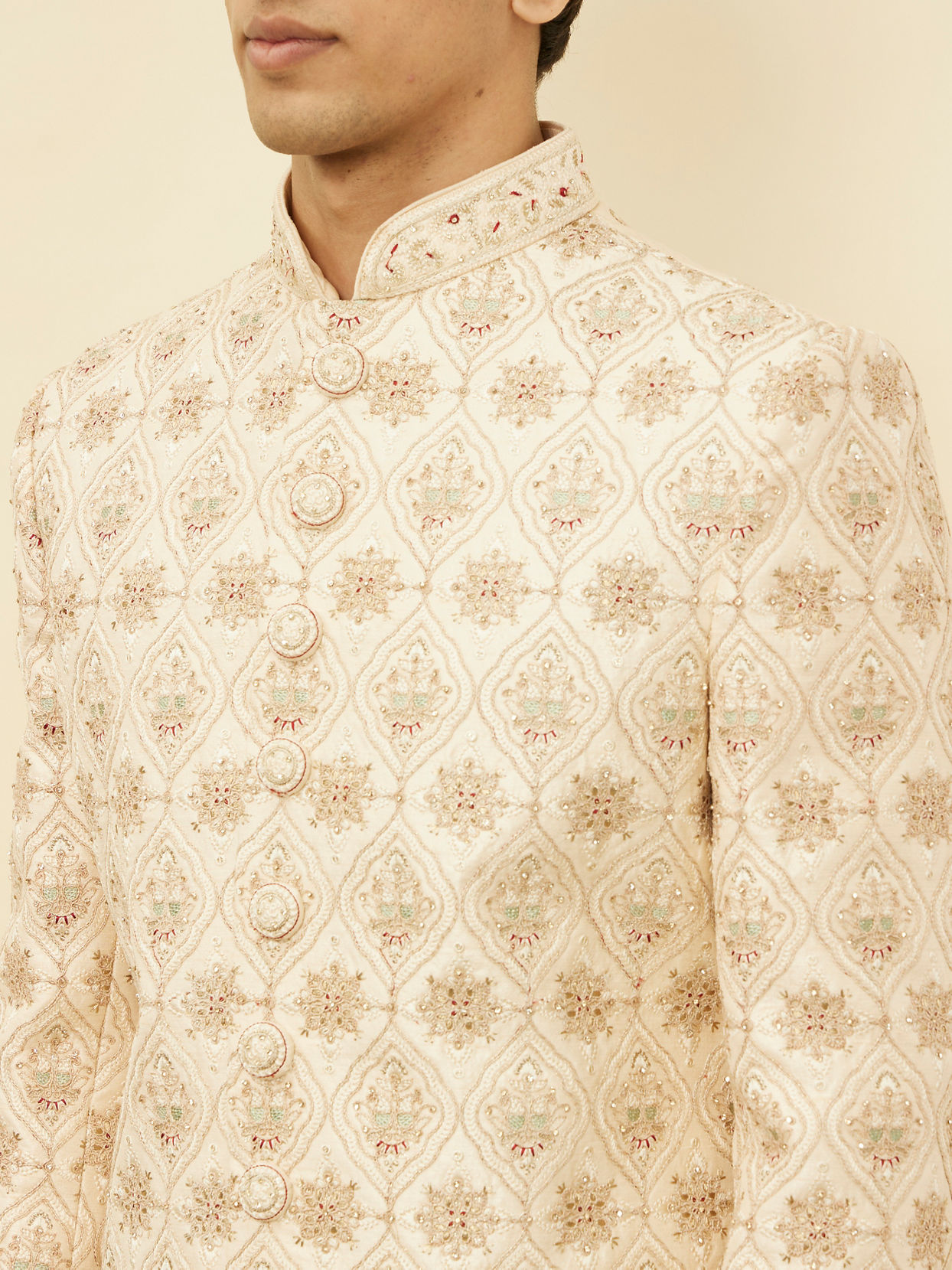 Manyavar Men Biscuit Beige Aari Embroidered Sherwani Set