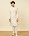 alt message - Manyavar Men Pearled Ivory White Jaal and Floral Patterned Sherwani Set image number 2