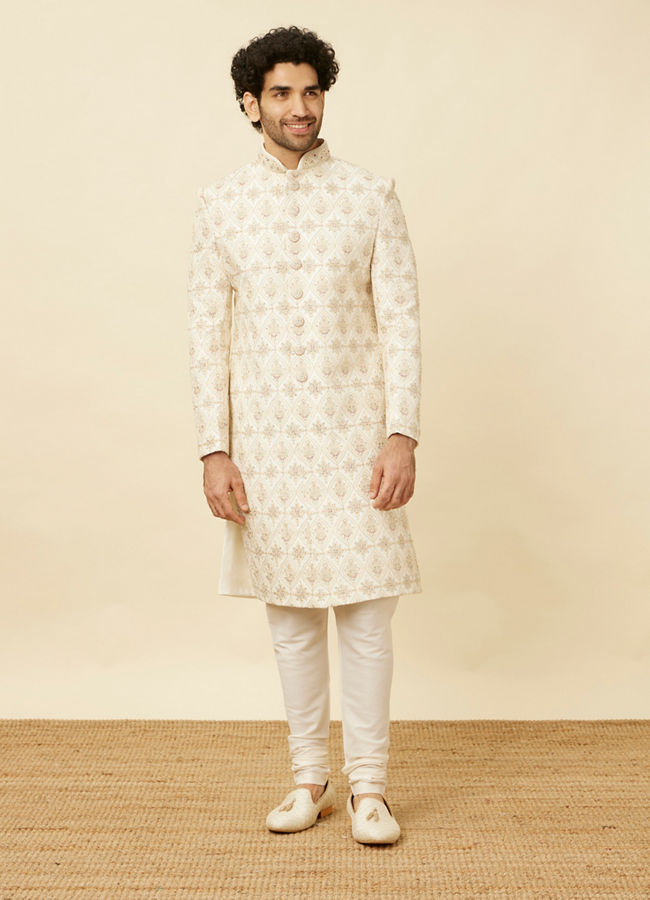 alt message - Manyavar Men Pearled Ivory White Jaal and Floral Patterned Sherwani Set image number 2