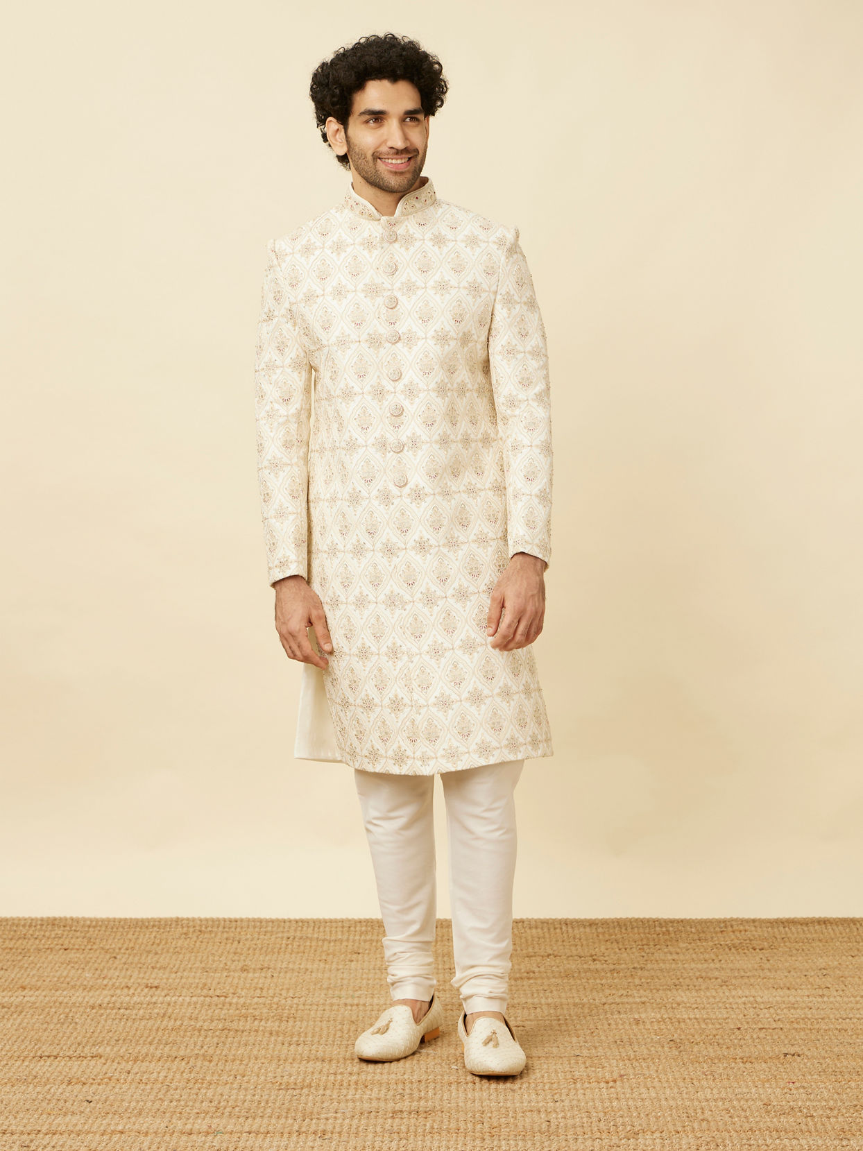 Manyavar Men Pearled Ivory White Jaal and Floral Patterned Sherwani Set
