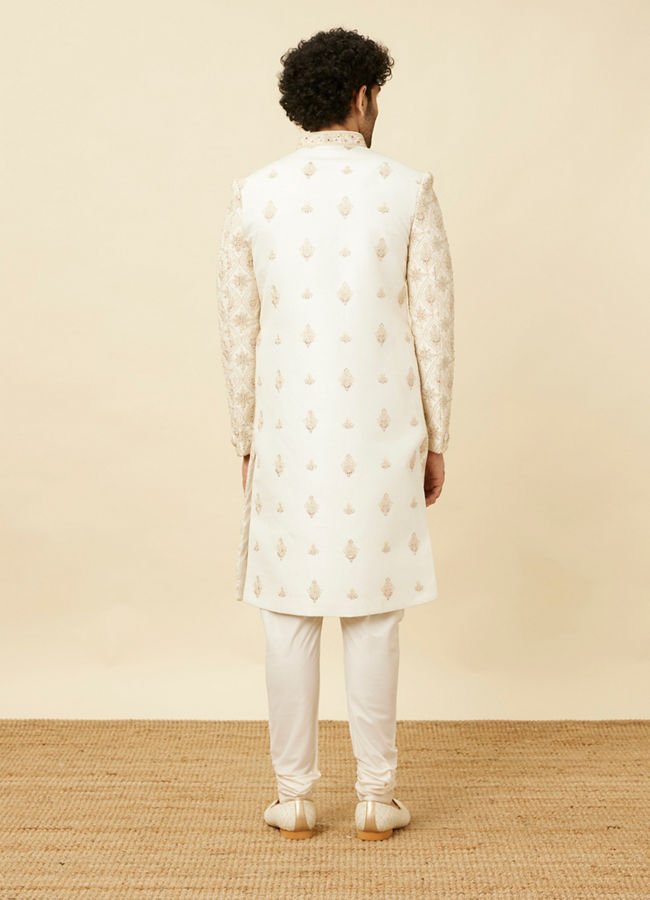 Manyavar Men Pearled Ivory White Jaal and Floral Patterned Sherwani Set