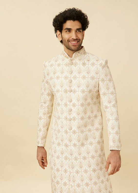 Manyavar Men Pearled Ivory White Jaal and Floral Patterned Sherwani Set