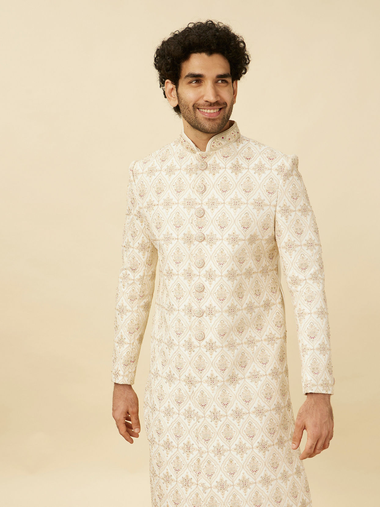 alt message - Manyavar Men Pearled Ivory White Jaal and Floral Patterned Sherwani Set image number 0