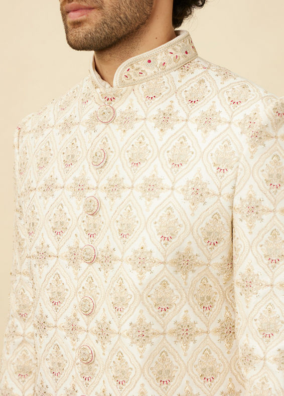Manyavar Men Pearled Ivory White Jaal and Floral Patterned Sherwani Set