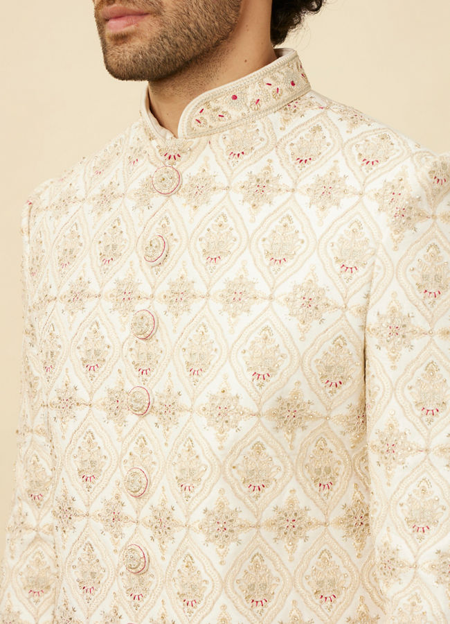 alt message - Manyavar Men Pearled Ivory White Jaal and Floral Patterned Sherwani Set image number 1