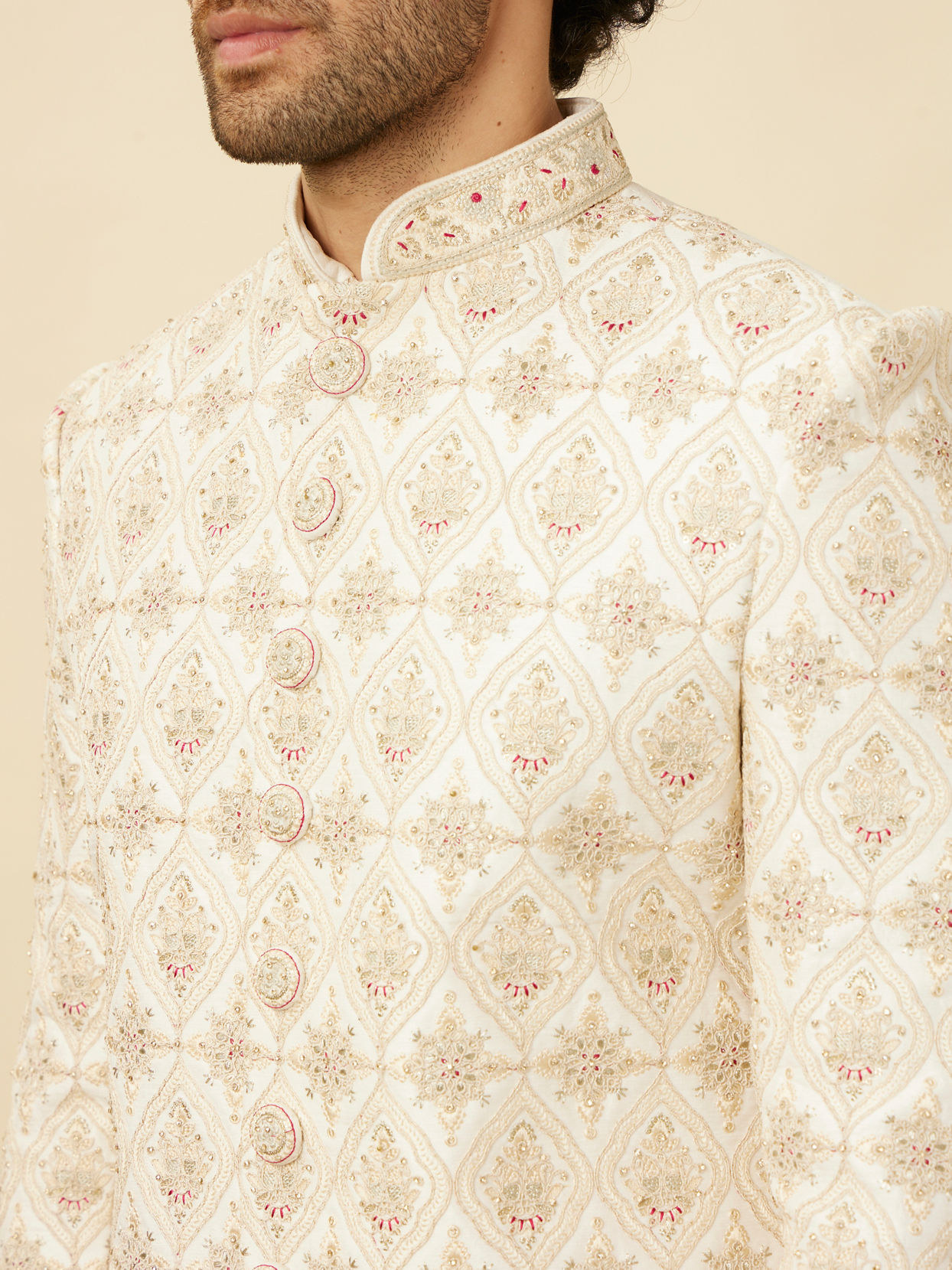 alt message - Manyavar Men Pearled Ivory White Jaal and Floral Patterned Sherwani Set image number 1