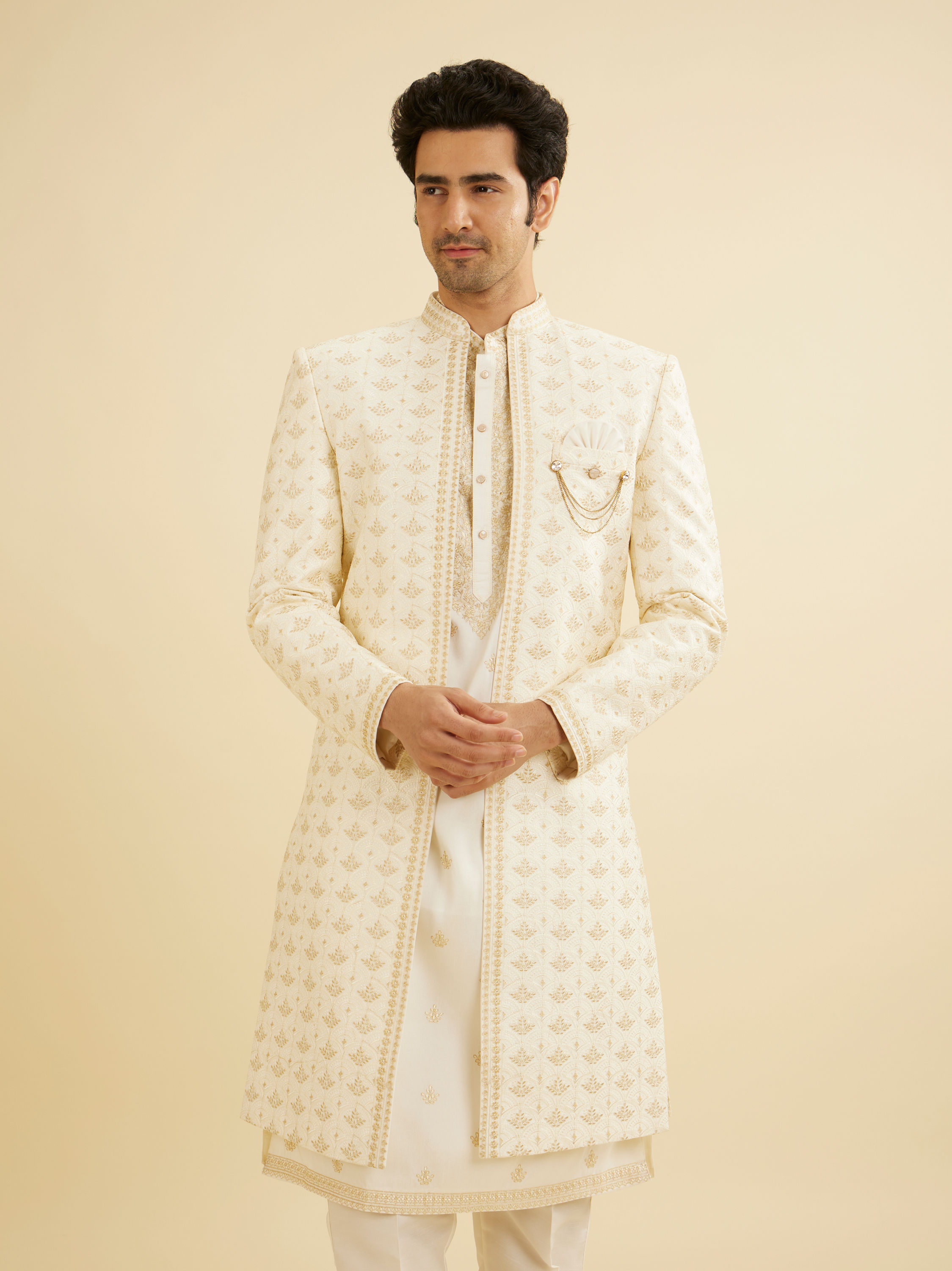Manyavar Men Warm White Sherwani Ensemble