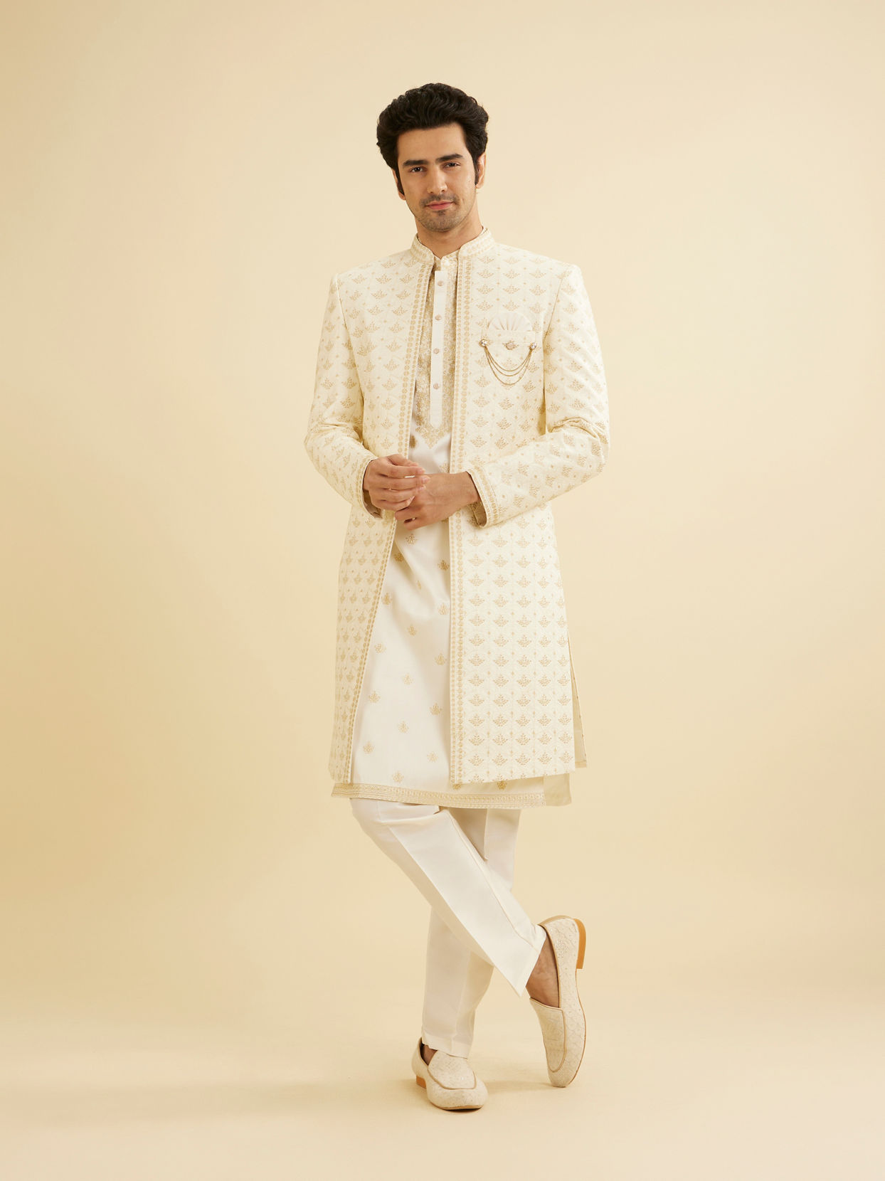 Manyavar Men Warm White Sherwani Ensemble