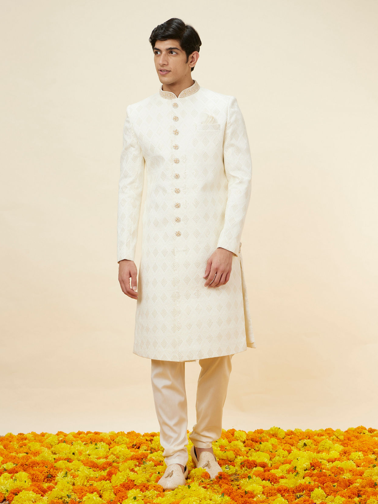Manyavar Men Off White Harelquin Patterned Sherwani Set