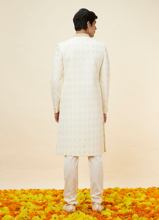 Manyavar Men Off White Harelquin Patterned Sherwani Set