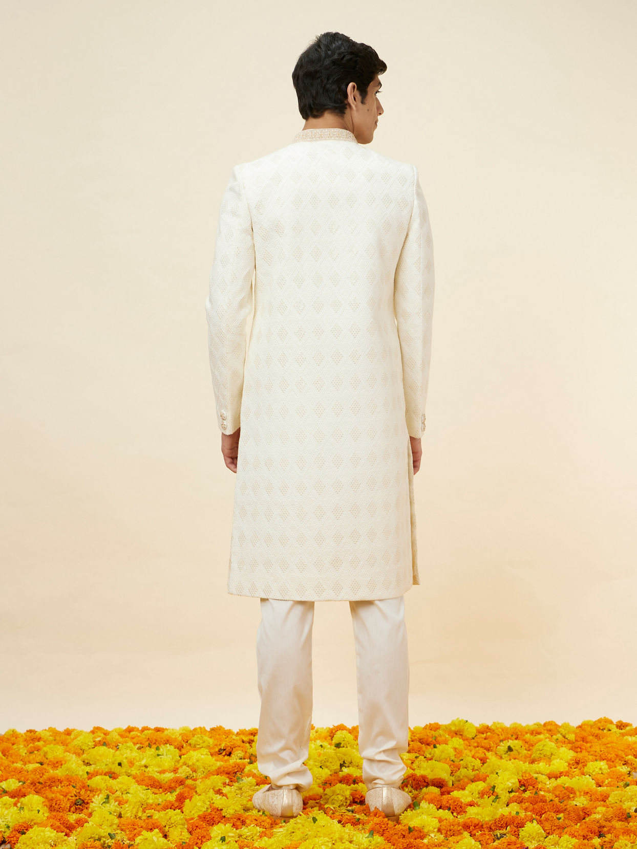 Manyavar Men Off White Harelquin Patterned Sherwani Set