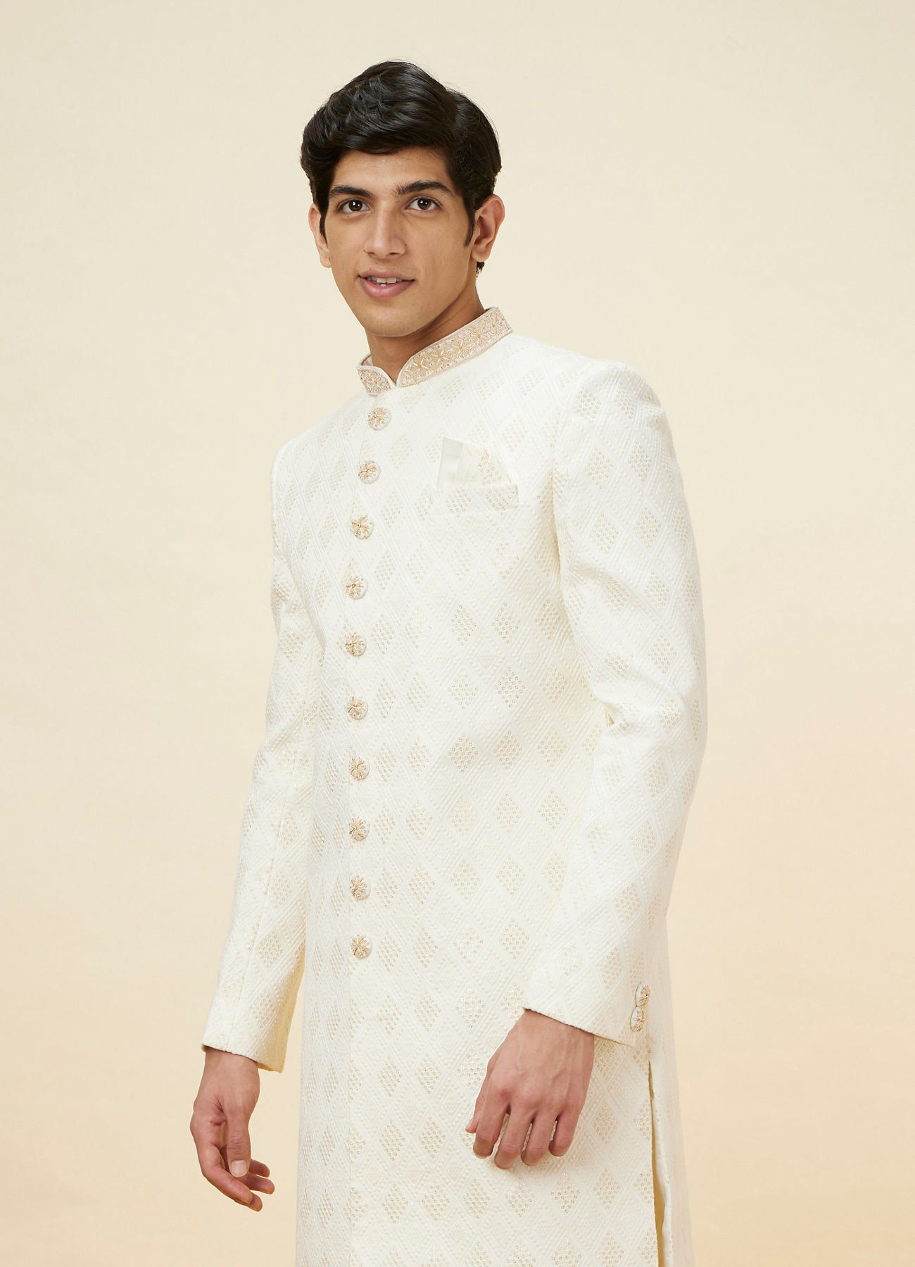 Manyavar Men Off White Harelquin Patterned Sherwani Set