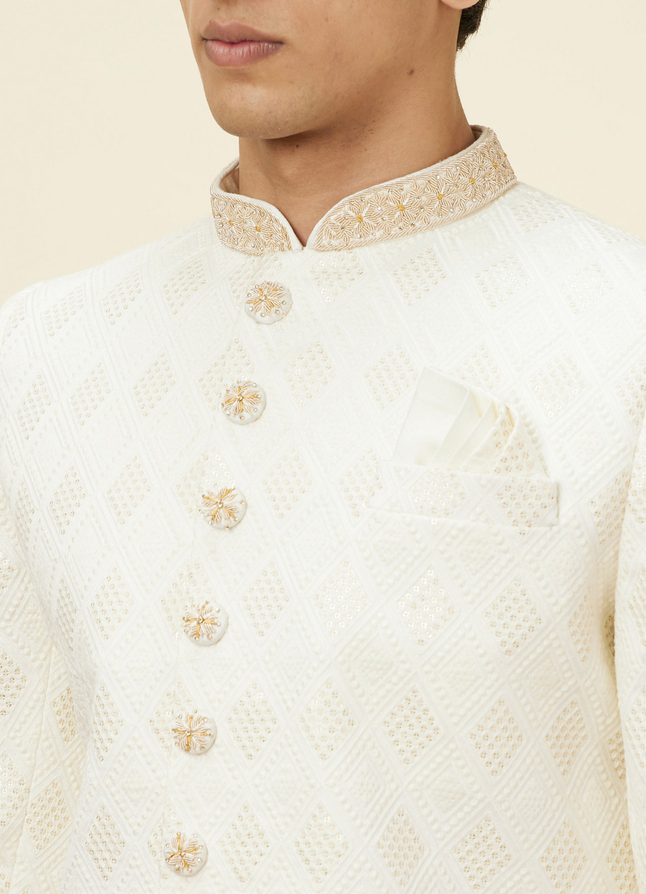 Manyavar Men Off White Harelquin Patterned Sherwani Set