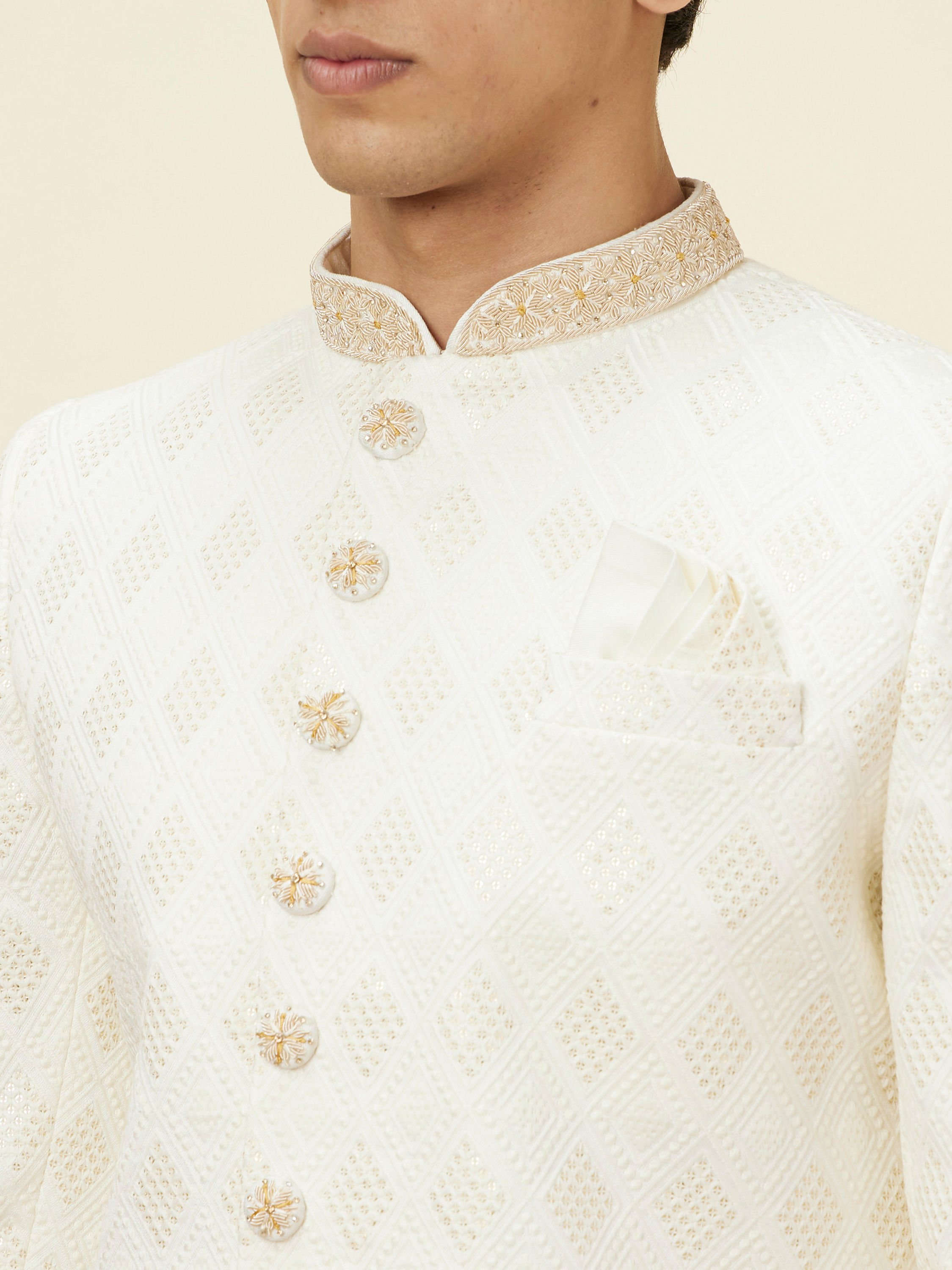 Manyavar Men Off White Harelquin Patterned Sherwani Set