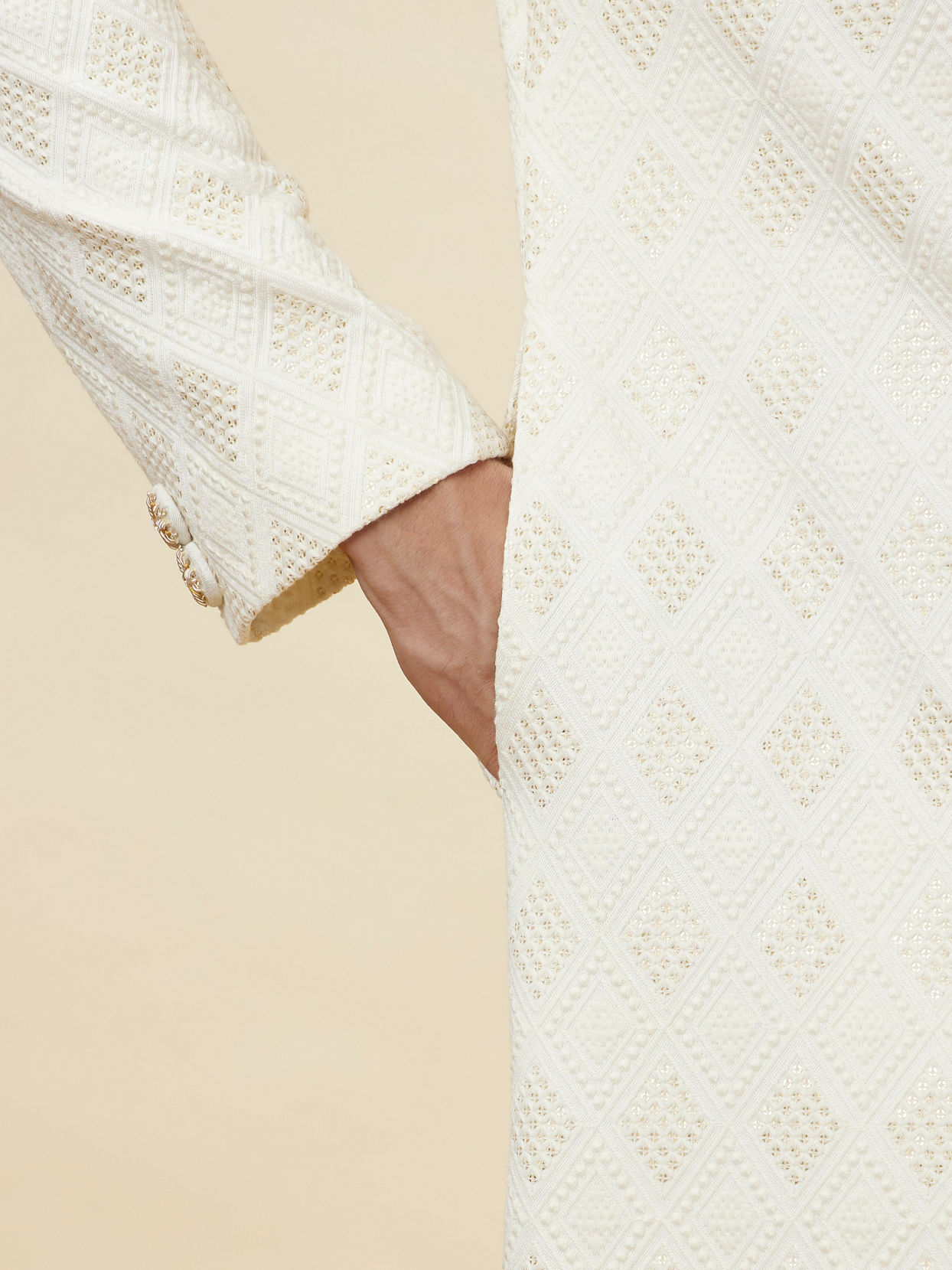 Manyavar Men Off White Harelquin Patterned Sherwani Set