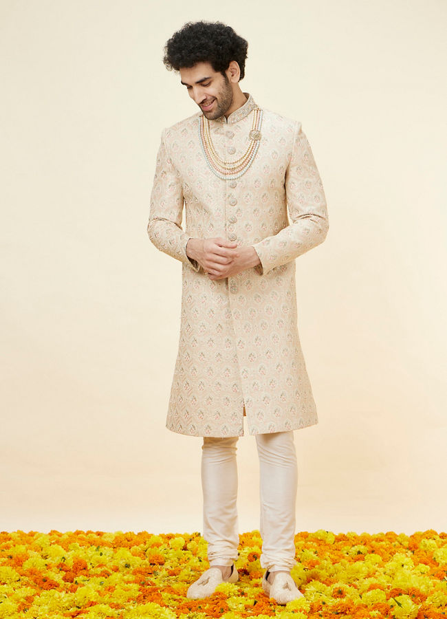 alt message - Manyavar Men Biscuit Beige Floral Jaal Patterned Sherwani Set image number 2