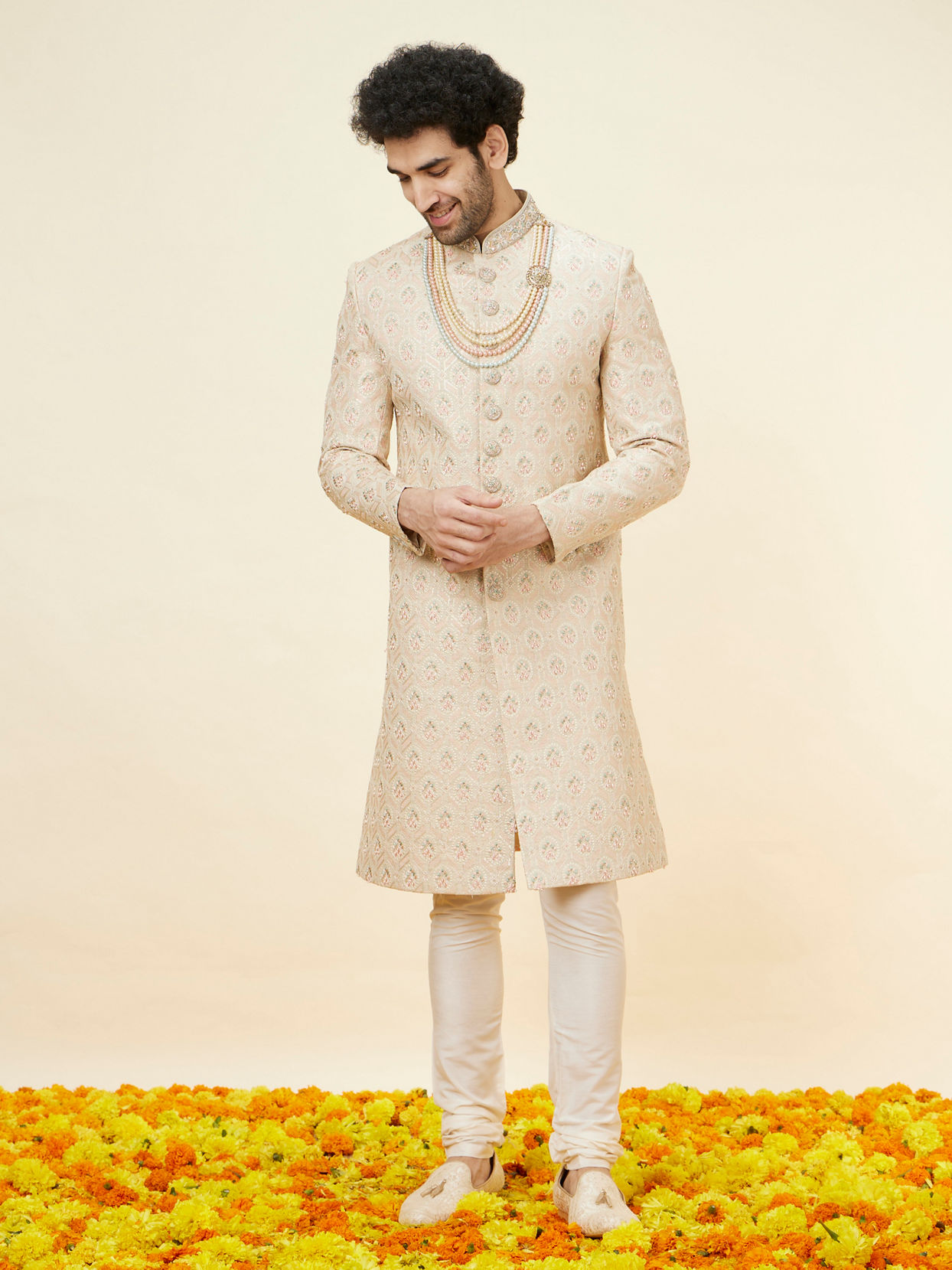 Manyavar Men Biscuit Beige Floral Jaal Patterned Sherwani Set