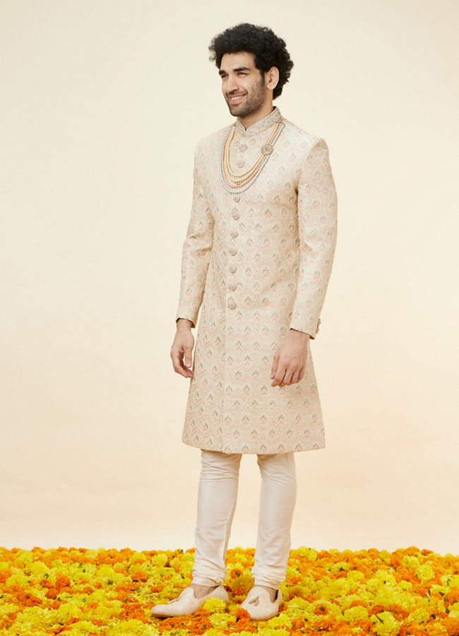 Manyavar Men Biscuit Beige Floral Jaal Patterned Sherwani Set