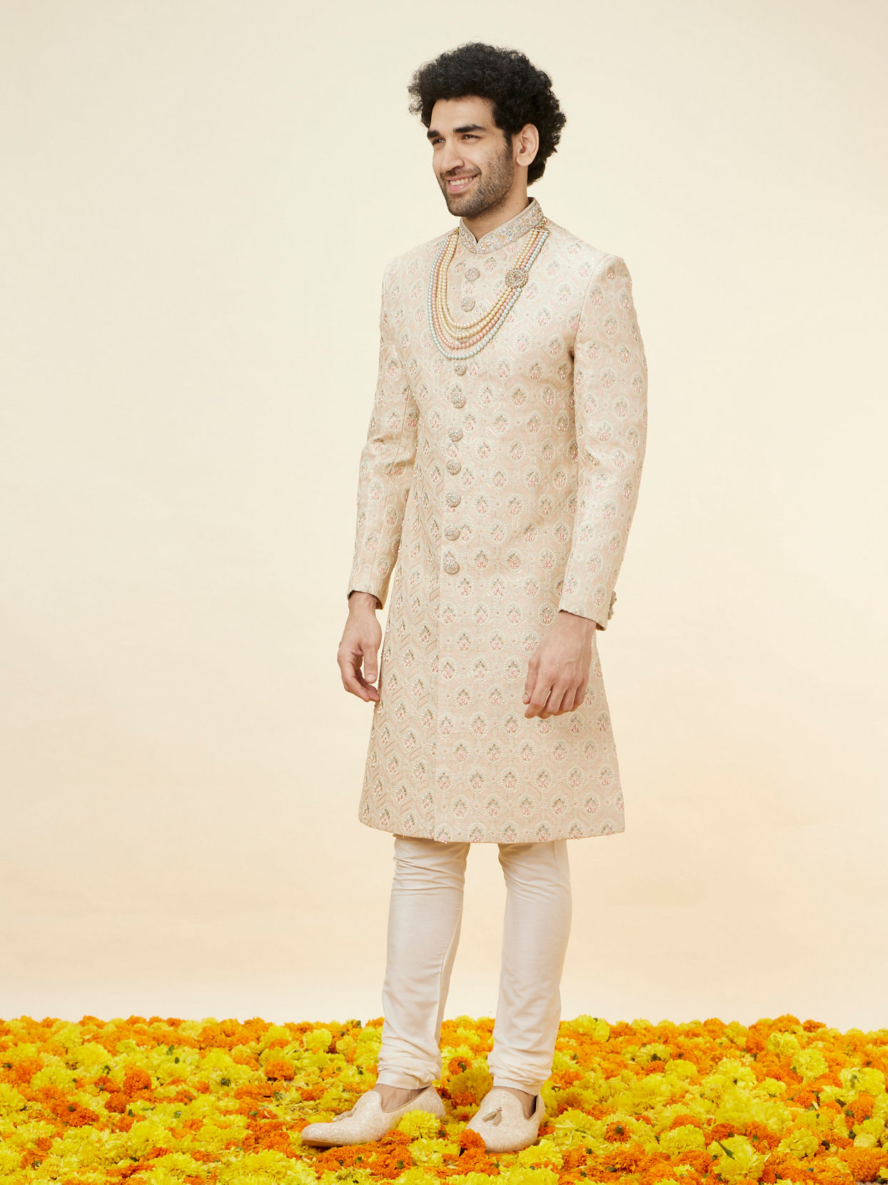 alt message - Manyavar Men Biscuit Beige Floral Jaal Patterned Sherwani Set image number 4