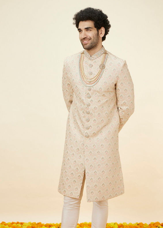 Manyavar Men Biscuit Beige Floral Jaal Patterned Sherwani Set