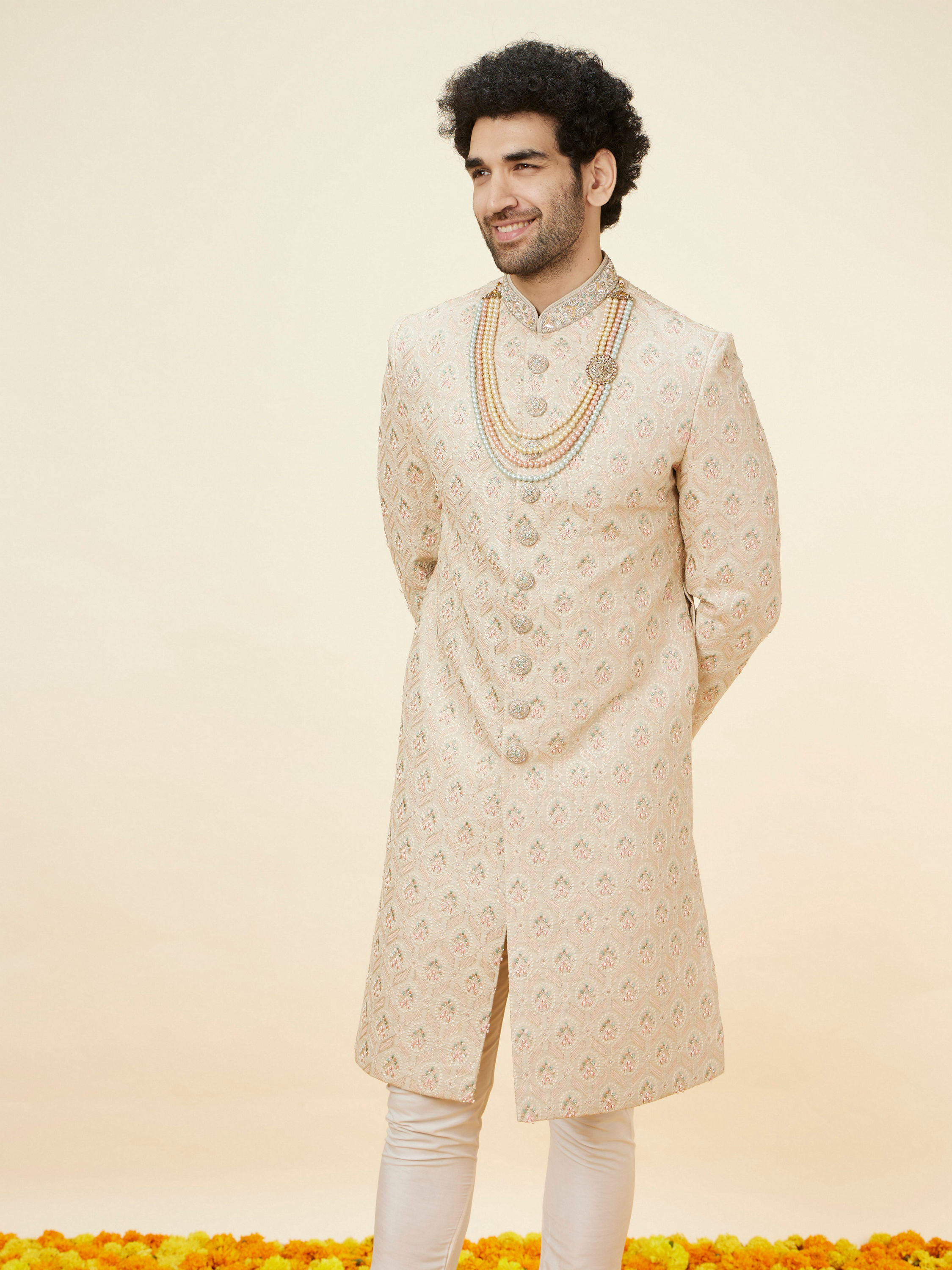 Manyavar Men Biscuit Beige Floral Jaal Patterned Sherwani Set