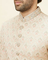 Manyavar Men Biscuit Beige Floral Jaal Patterned Sherwani Set