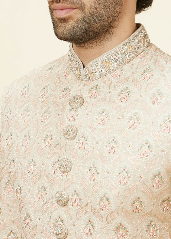 Manyavar Men Biscuit Beige Floral Jaal Patterned Sherwani Set