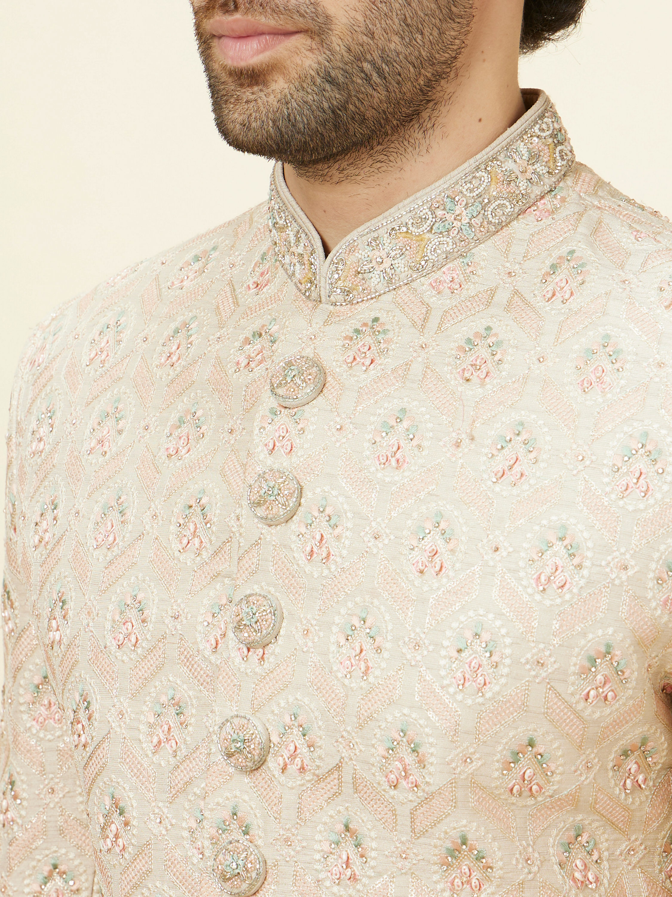 Manyavar Men Biscuit Beige Floral Jaal Patterned Sherwani Set