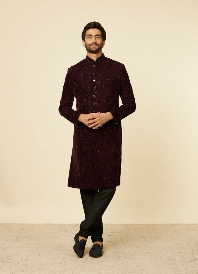 Manyavar Men Mauve Wine Paisley Printed Sherwani Set