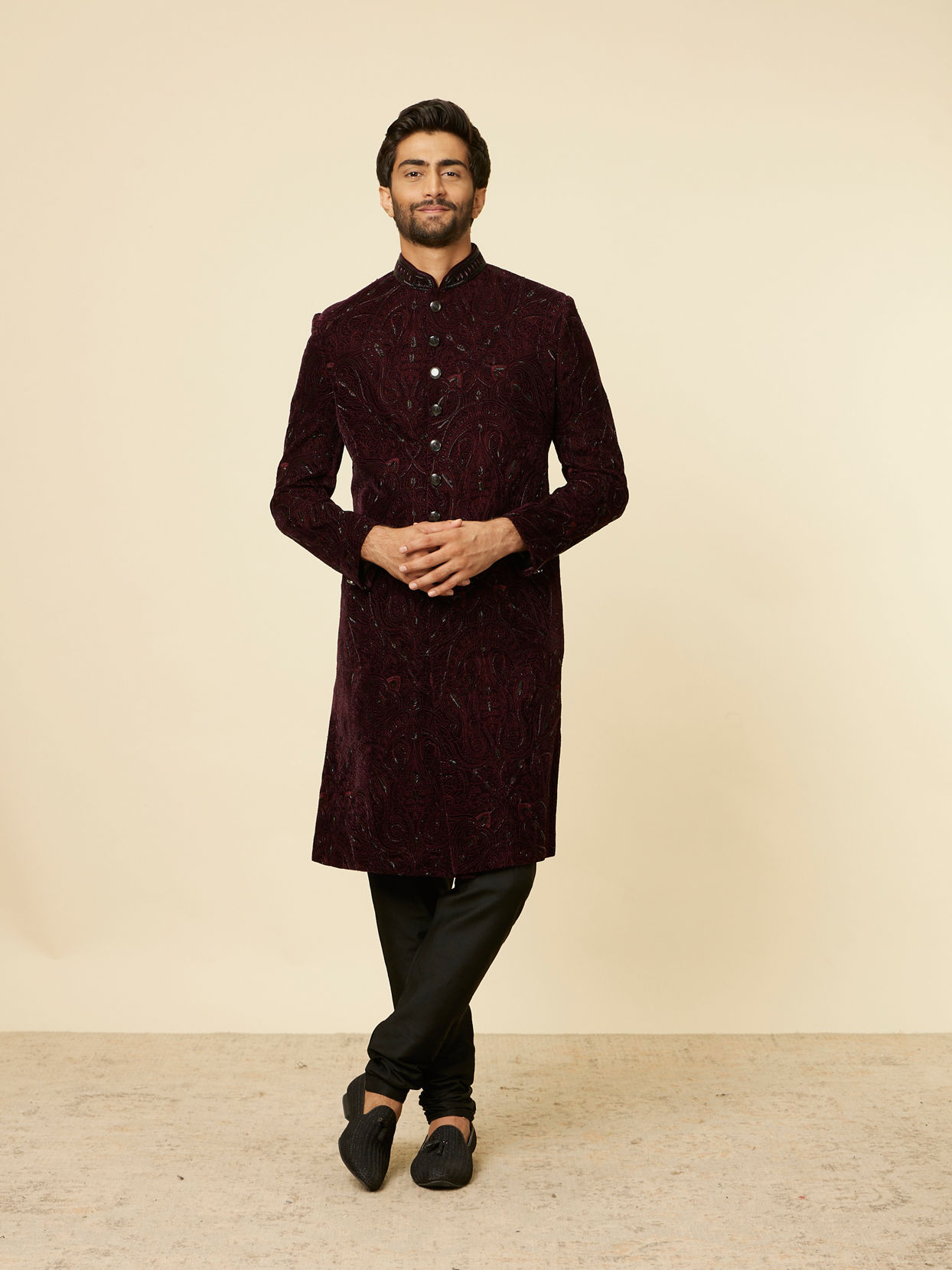 Manyavar Men Mauve Wine Paisley Printed Sherwani Set