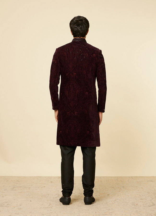Manyavar Men Mauve Wine Paisley Printed Sherwani Set