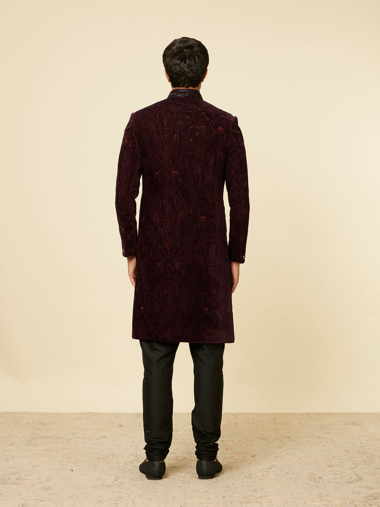 Manyavar Men Mauve Wine Paisley Printed Sherwani Set