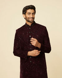 Manyavar Men Mauve Wine Paisley Printed Sherwani Set