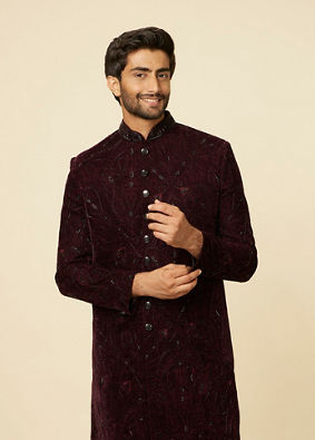 Manyavar Men Mauve Wine Paisley Printed Sherwani Set