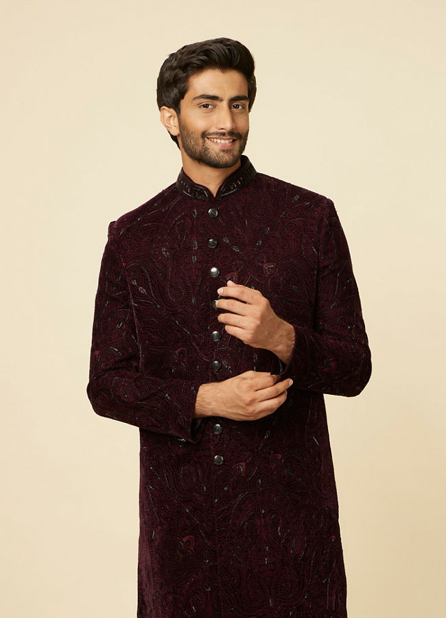 alt message - Manyavar Men Mauve Wine Paisley Printed Sherwani Set image number 0