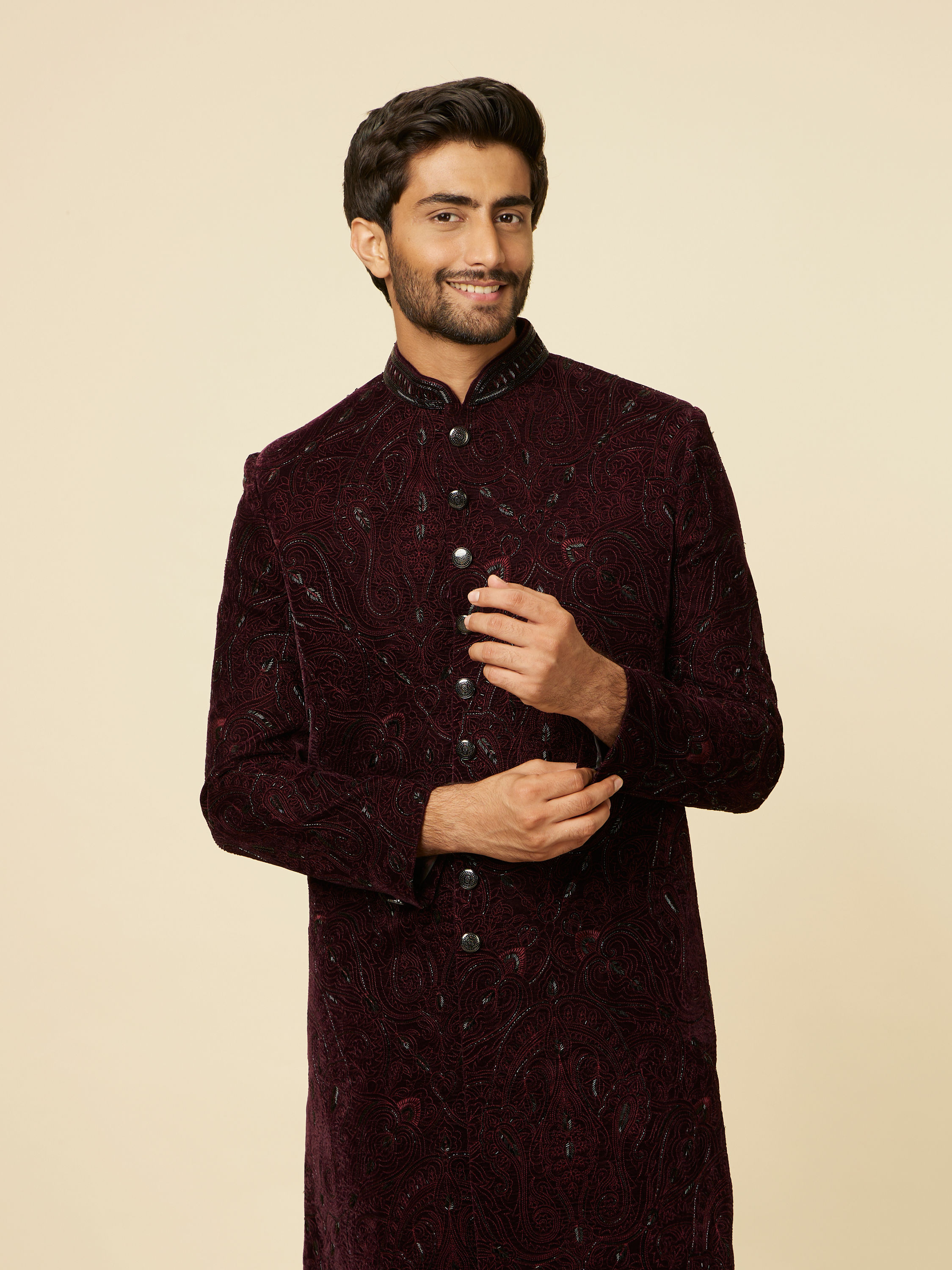 Manyavar Men Mauve Wine Paisley Printed Sherwani Set