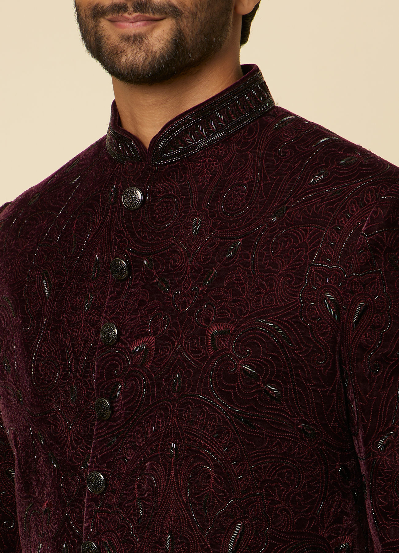 Manyavar Men Mauve Wine Paisley Printed Sherwani Set