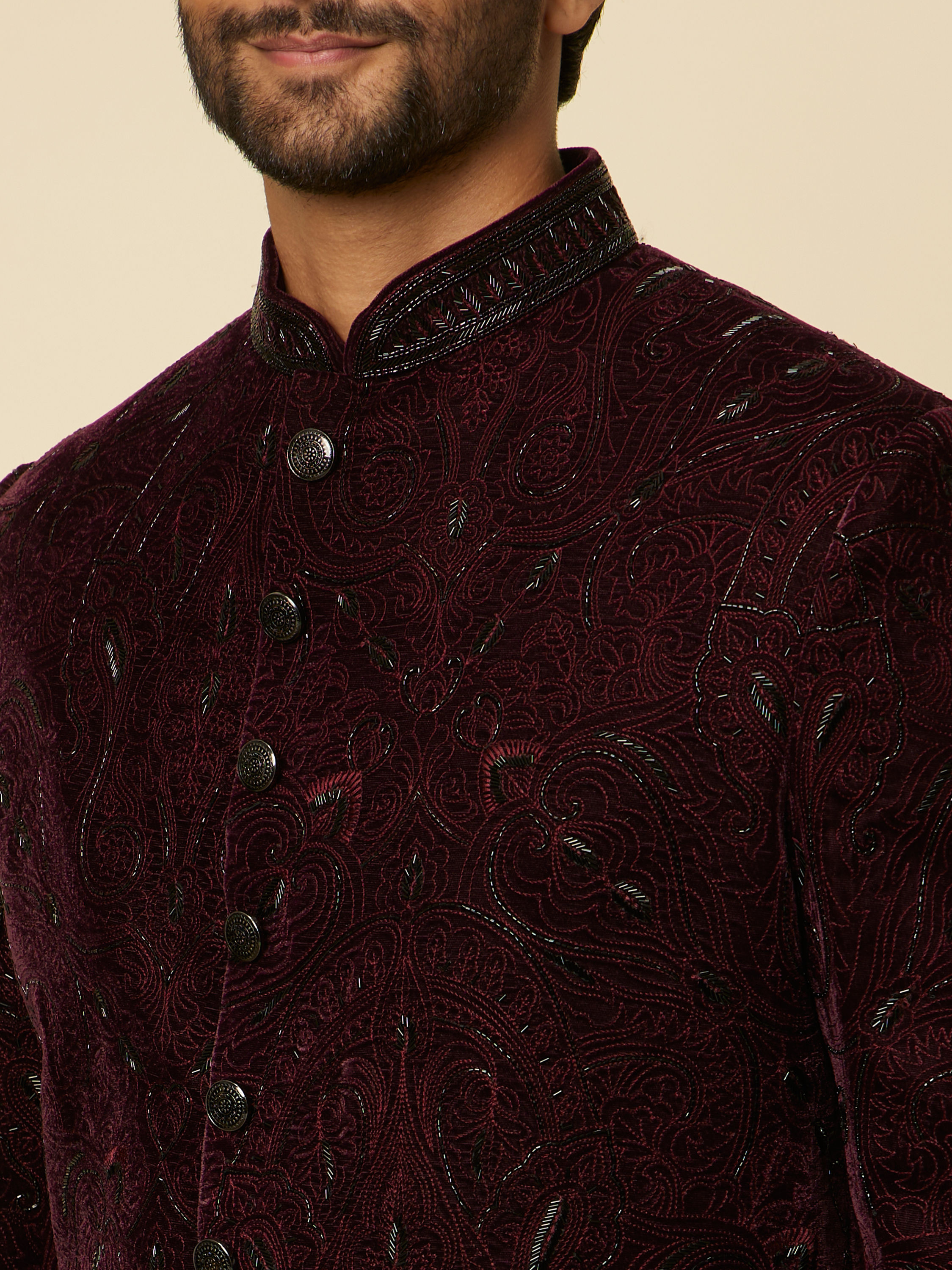 Manyavar Men Mauve Wine Paisley Printed Sherwani Set