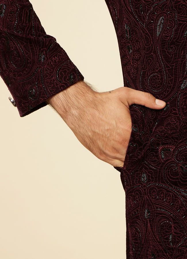 Manyavar Men Mauve Wine Paisley Printed Sherwani Set