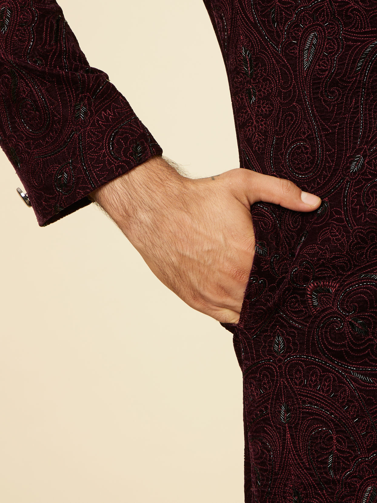 Manyavar Men Mauve Wine Paisley Printed Sherwani Set
