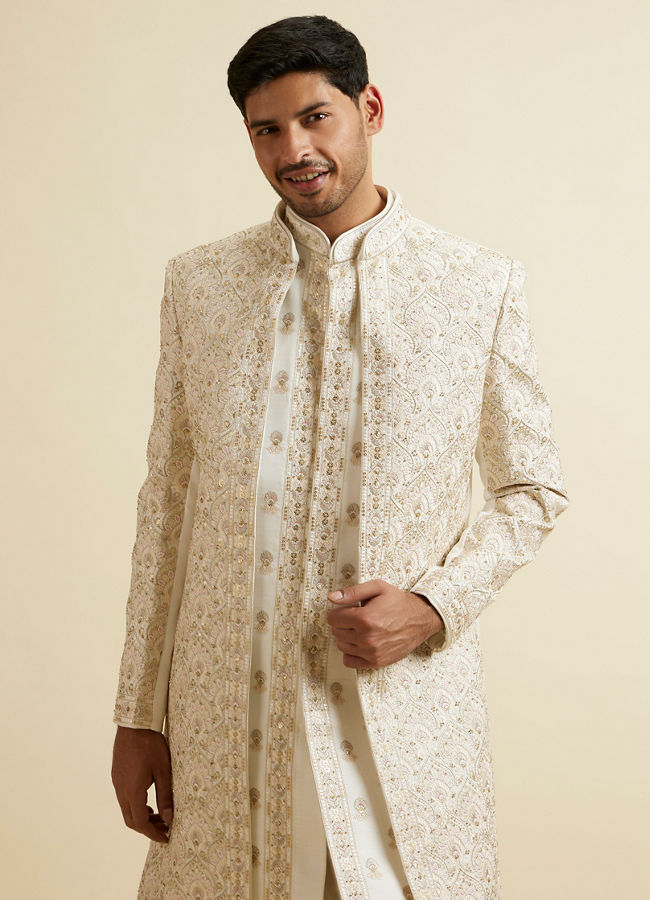 Manyavar Men Cream Medallion Patterned Open Sherwani Set