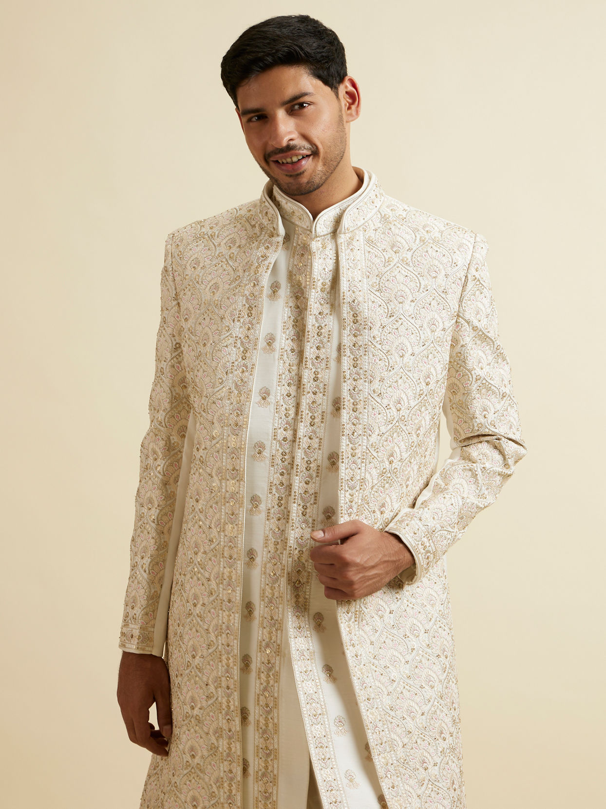 Manyavar Men Cream Medallion Patterned Open Sherwani Set