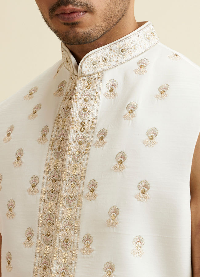 Manyavar Men Cream Medallion Patterned Open Sherwani Set