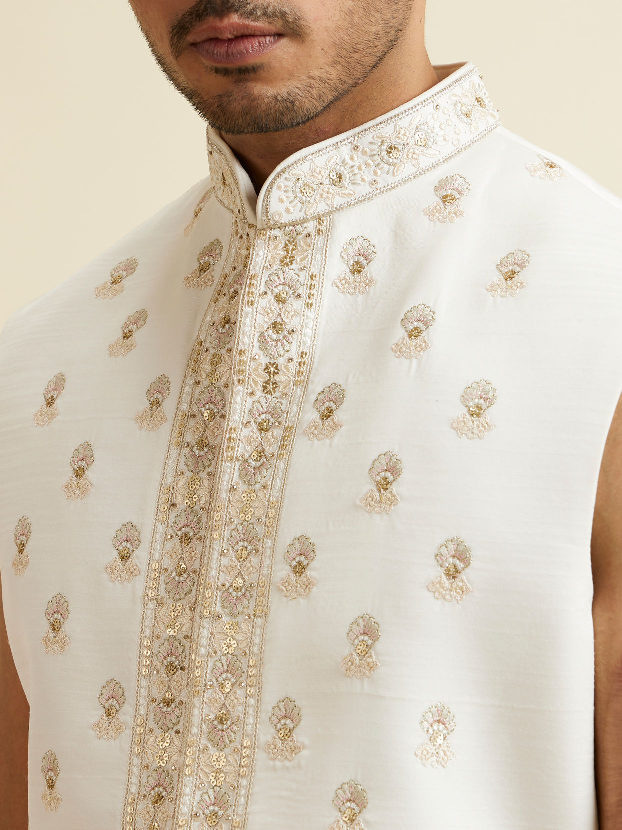 Manyavar Men Cream Medallion Patterned Open Sherwani Set