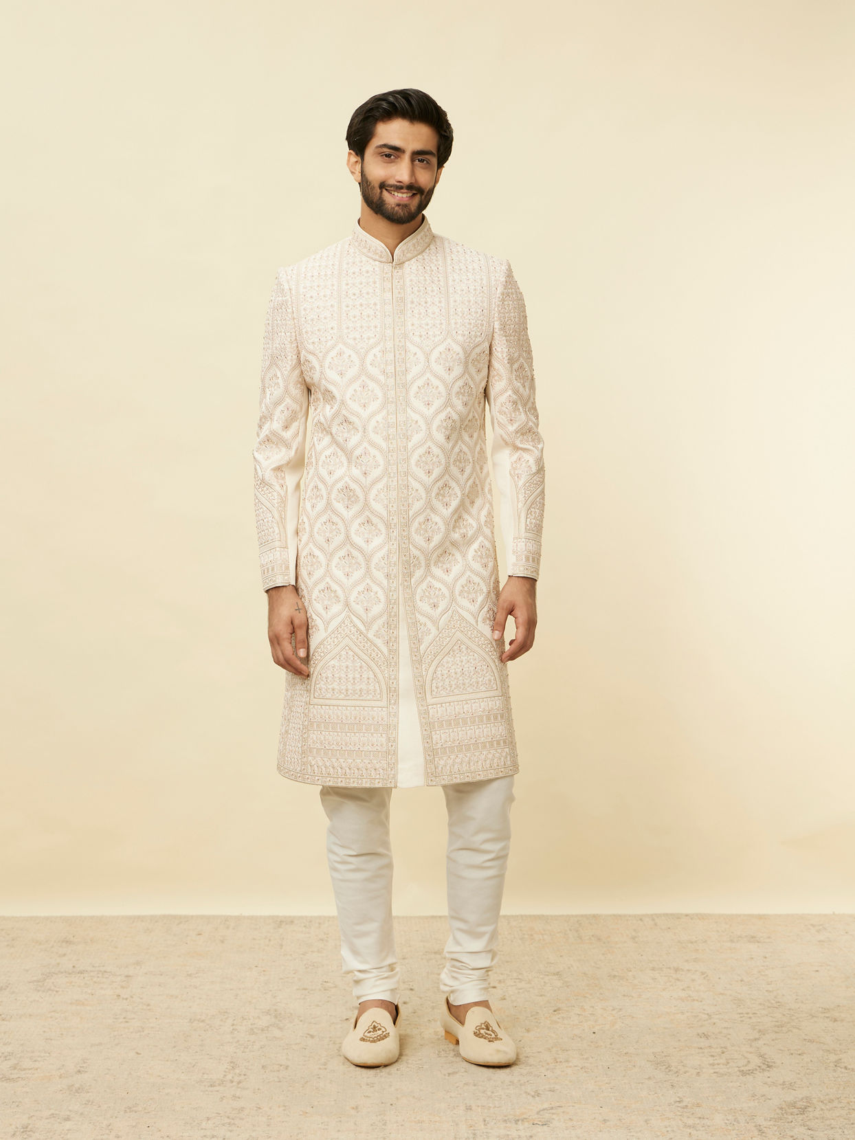 Manyavar Men Sand Beige Aari Embroidered Sherwani Set