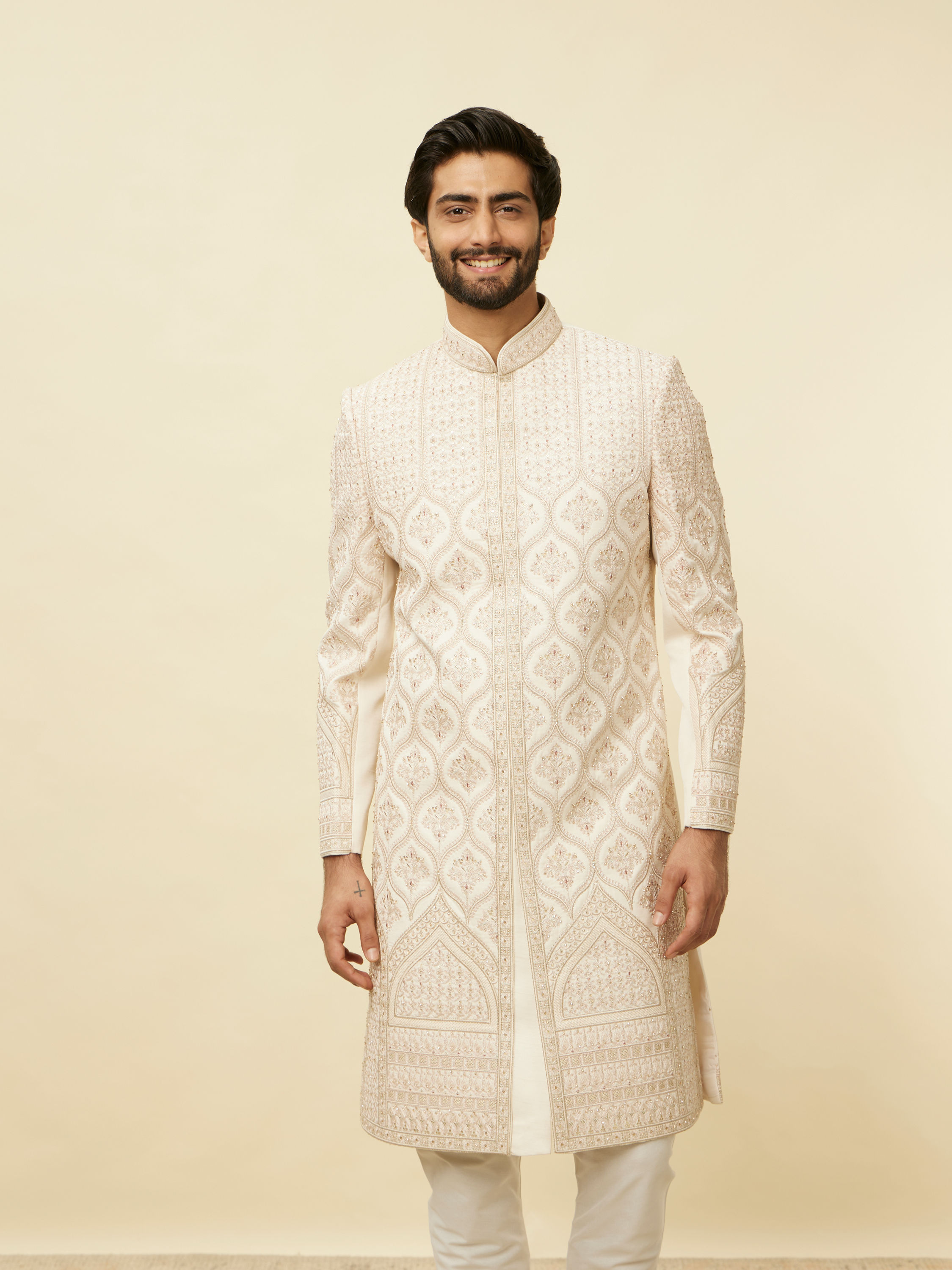 Manyavar Men Sand Beige Aari Embroidered Sherwani Set