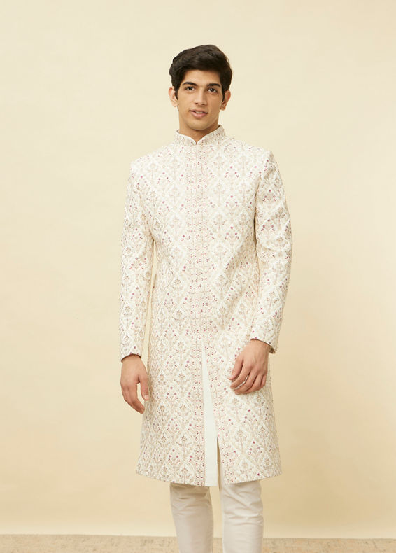 Manyavar Men Primrose Pink Aari Embroidered Sherwani Set